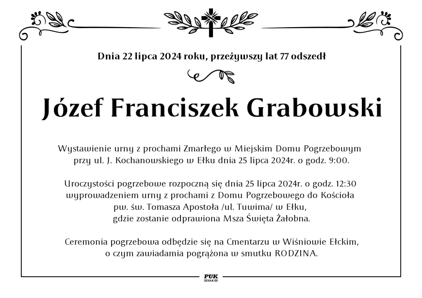 Józef Franciszek Grabowski - nekrolog